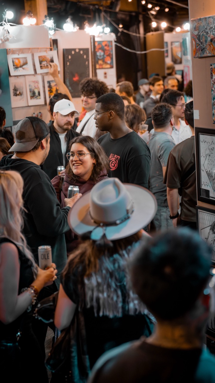Crowd in the gallery at Pancakes & Booze